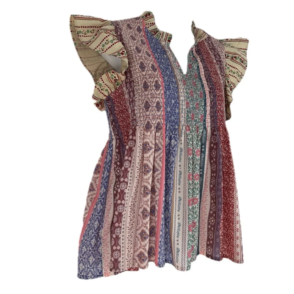 Davi & Dani Boho Patchwork Smocked Babydoll Flutter Sleeve Top Size S - Picture 7 of 9